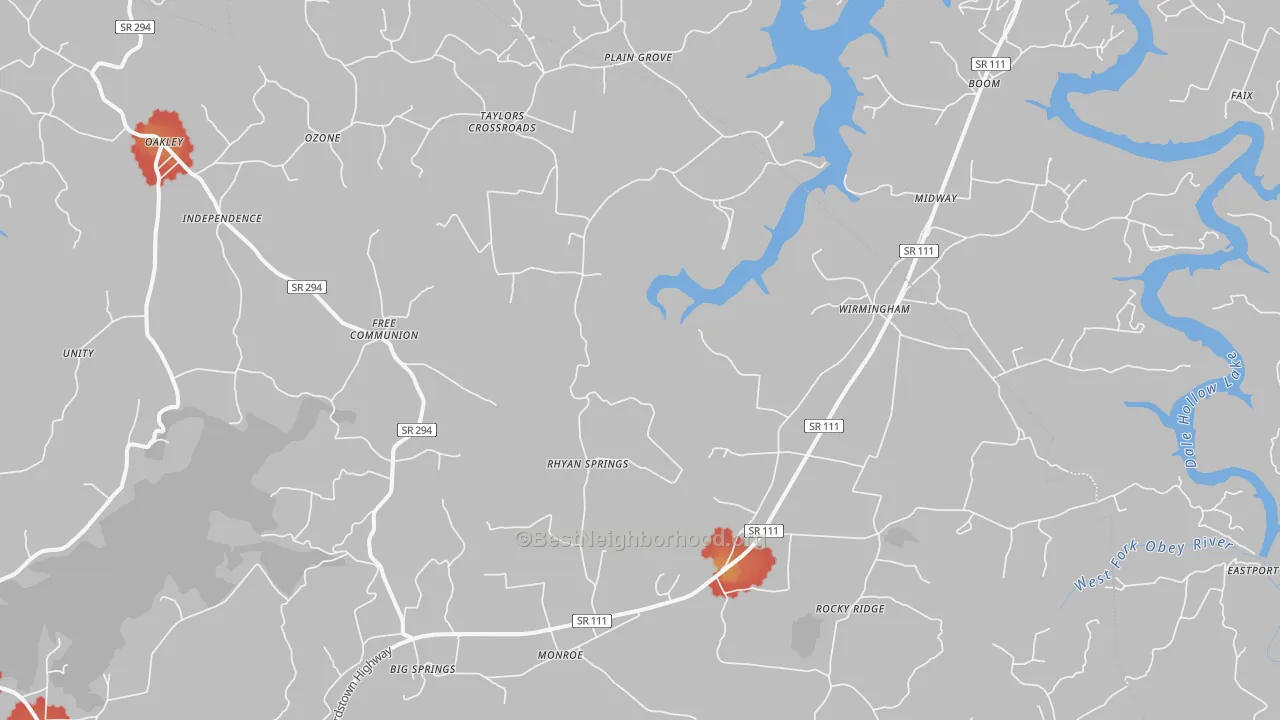 Walk Grade map of Monroe, TN, walkable areas in green and car-dependent areas in red