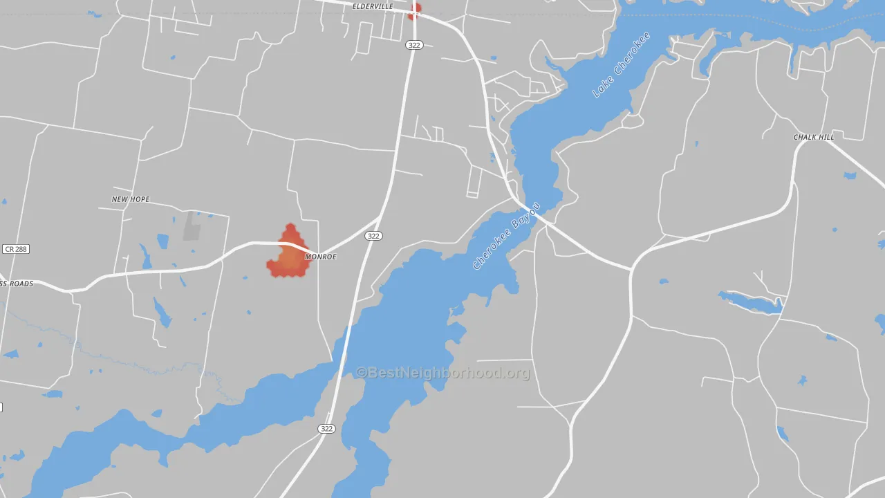 Walk Grade map of Monroe, TX, walkable areas in green and car-dependent areas in red