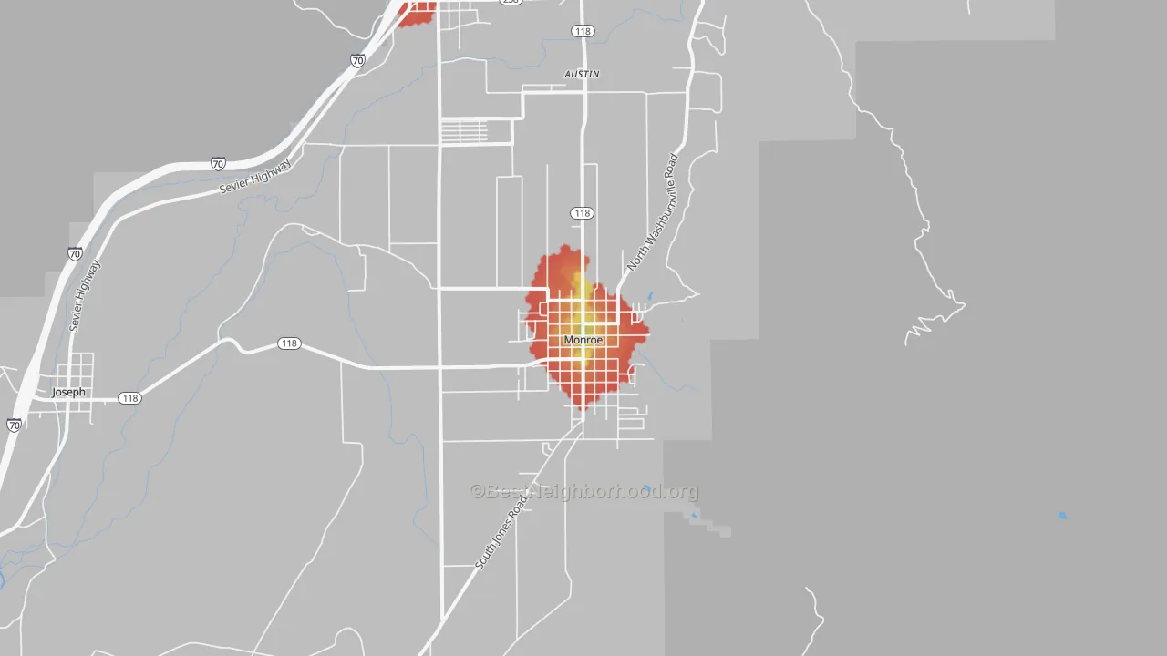 Walk Grade map of Monroe, UT, walkable areas in green and car-dependent areas in red