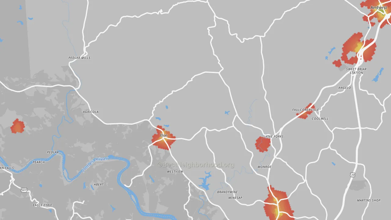 Walk Grade map of Monroe, VA, walkable areas in green and car-dependent areas in red