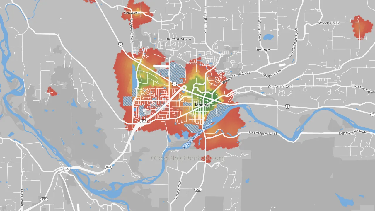Walk Grade map of Monroe, WA, walkable areas in green and car-dependent areas in red