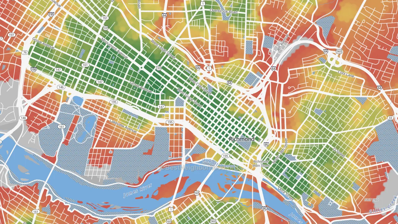 Walk Grade map of Monroe Ward, Richmond, VA, walkable areas in green and car-dependent areas in red