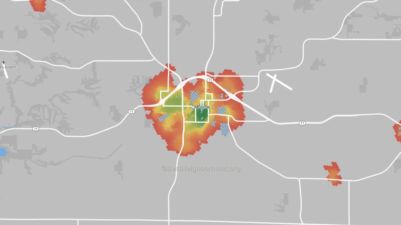 Walk Grade map of Monroe, WI, walkable areas in green and car-dependent areas in red
