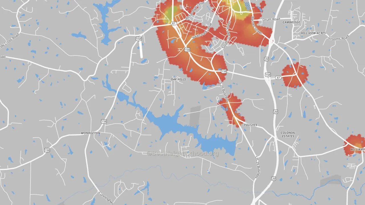 Walk Grade map of Monroeton, NC, walkable areas in green and car-dependent areas in red
