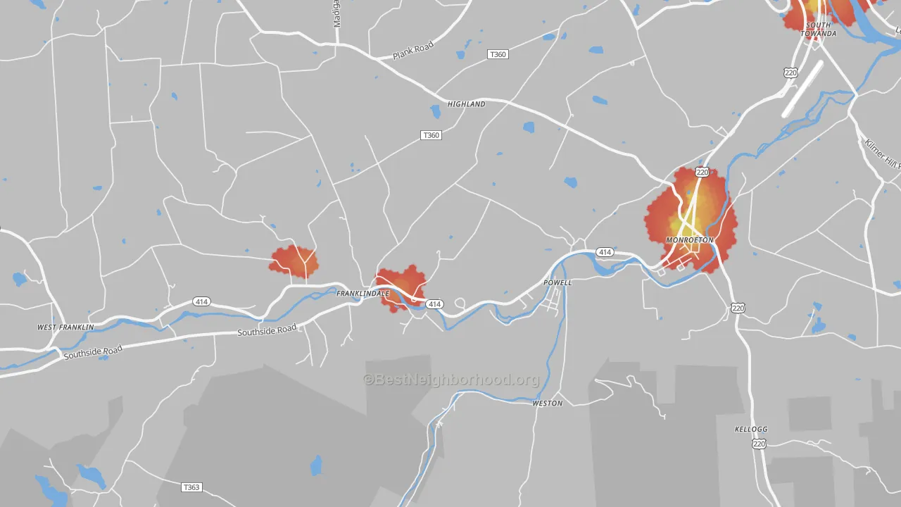 Walk Grade map of Monroeton, PA, walkable areas in green and car-dependent areas in red