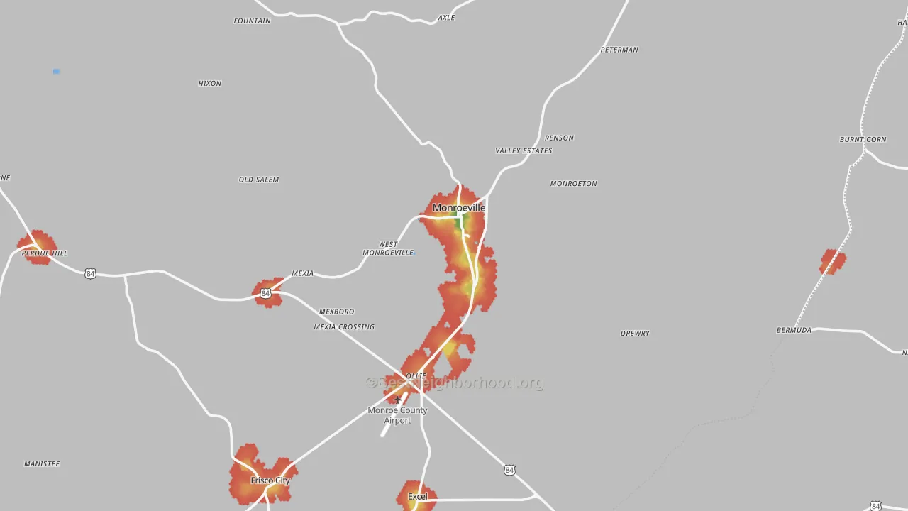Walk Grade map of Monroeville, AL, walkable areas in green and car-dependent areas in red