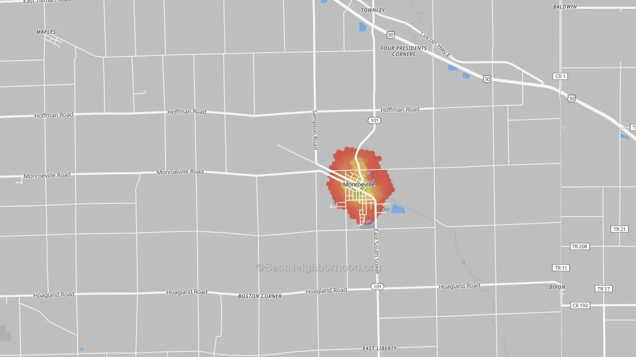 Walk Grade map of Monroeville, IN, walkable areas in green and car-dependent areas in red