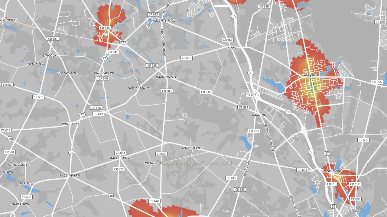 Walk Grade map of Monroeville, NJ, walkable areas in green and car-dependent areas in red