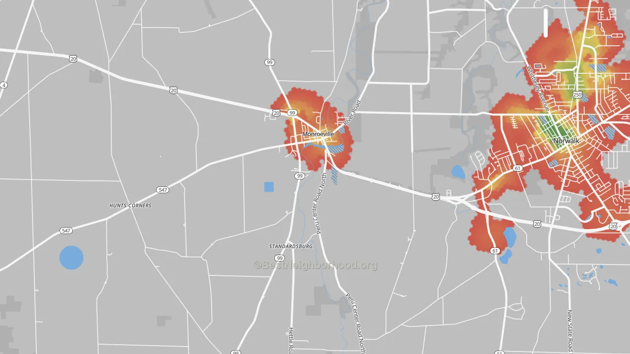 Walk Grade map of Monroeville, OH, walkable areas in green and car-dependent areas in red