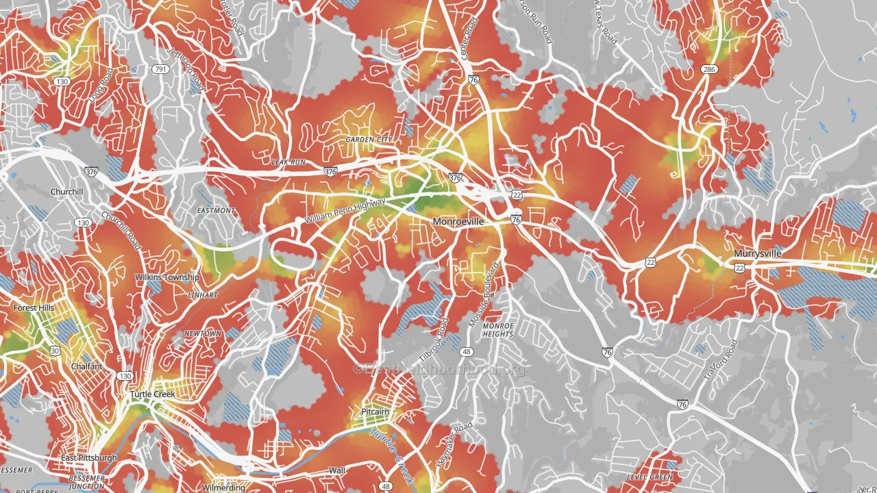 Walk Grade map of Monroeville, PA, walkable areas in green and car-dependent areas in red