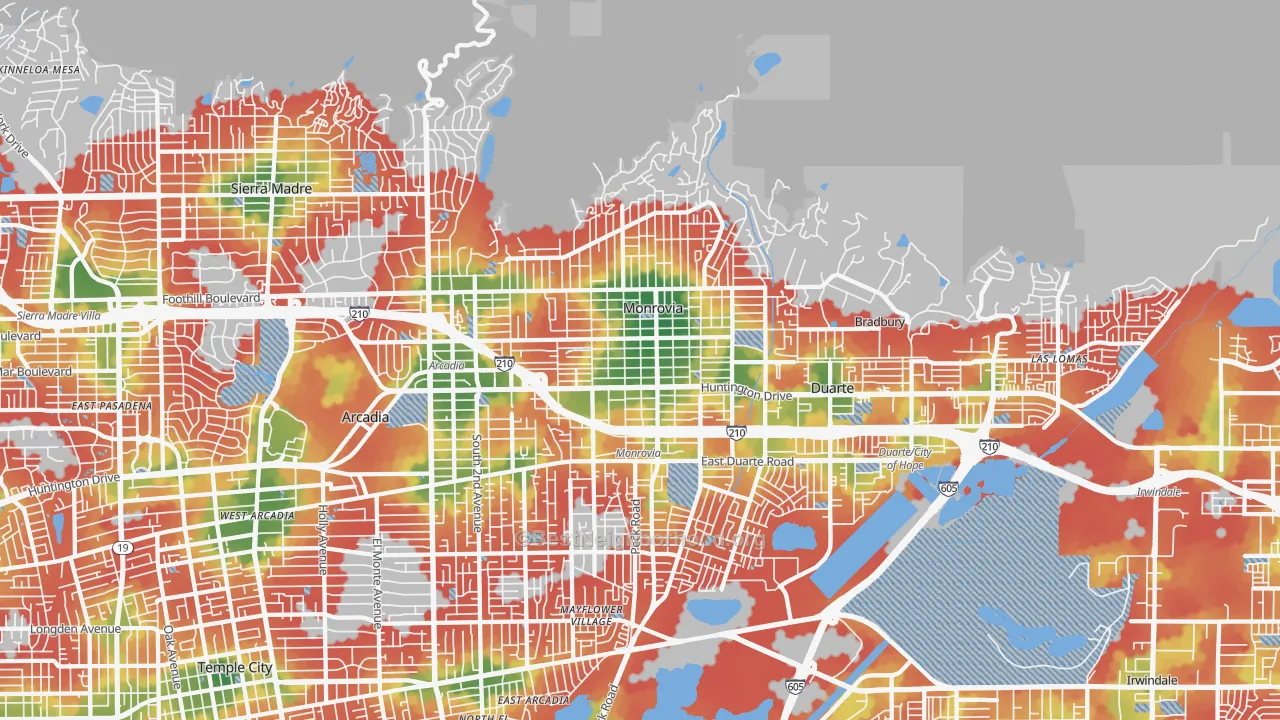 Walk Grade map of Monrovia, CA, walkable areas in green and car-dependent areas in red