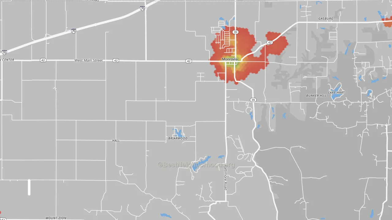Walk Grade map of Monrovia, IN, walkable areas in green and car-dependent areas in red