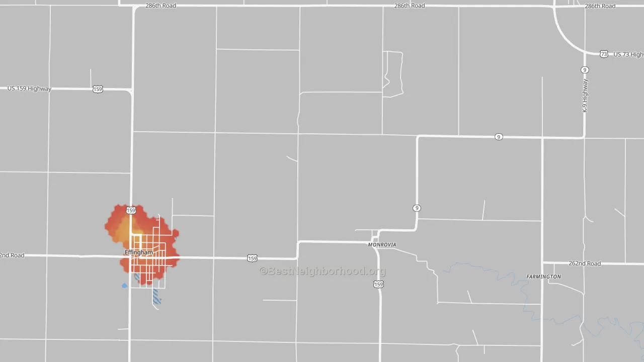 Walk Grade map of Monrovia, KS, walkable areas in green and car-dependent areas in red