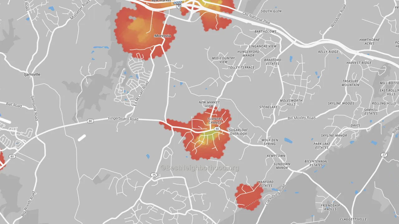 Walk Grade map of Monrovia, MD, walkable areas in green and car-dependent areas in red