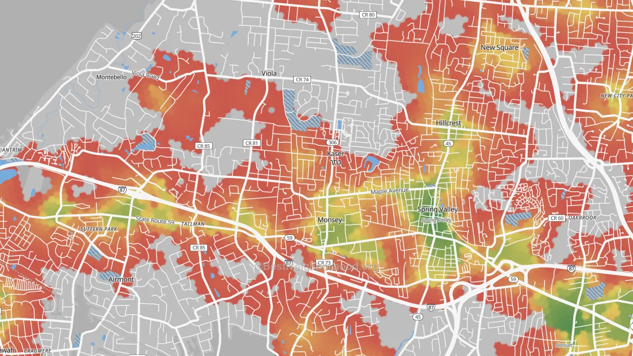 Walk Grade map of Monsey, NY, walkable areas in green and car-dependent areas in red