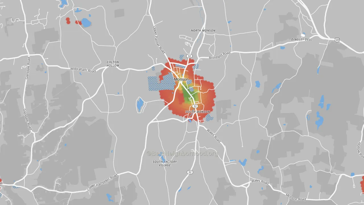 Walk Grade map of Monson, MA, walkable areas in green and car-dependent areas in red