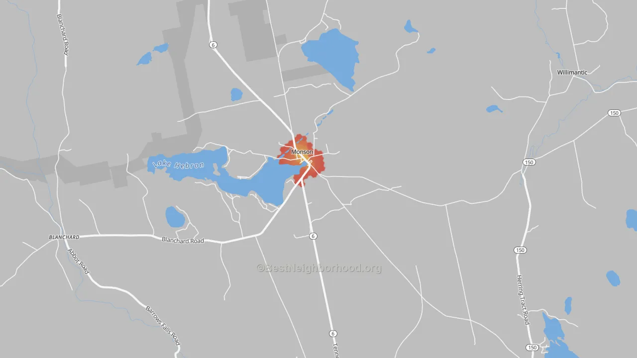Walk Grade map of Monson, ME, walkable areas in green and car-dependent areas in red