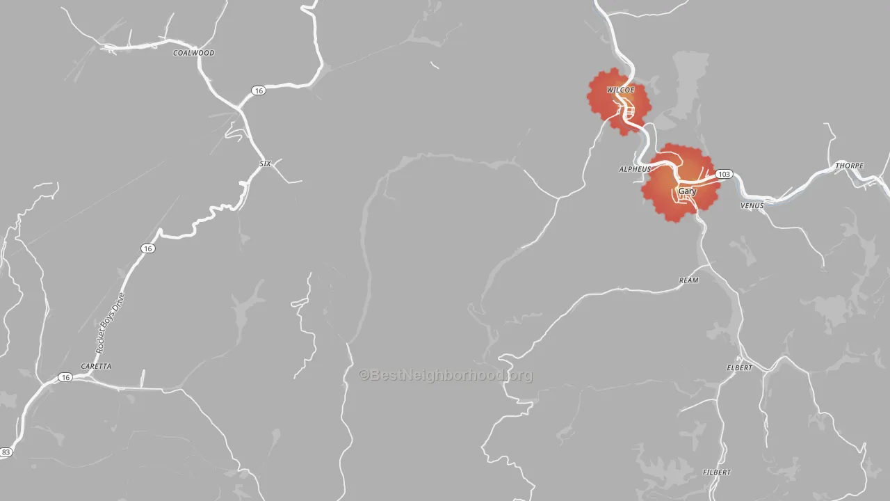 Walk Grade map of Monson, WV, walkable areas in green and car-dependent areas in red
