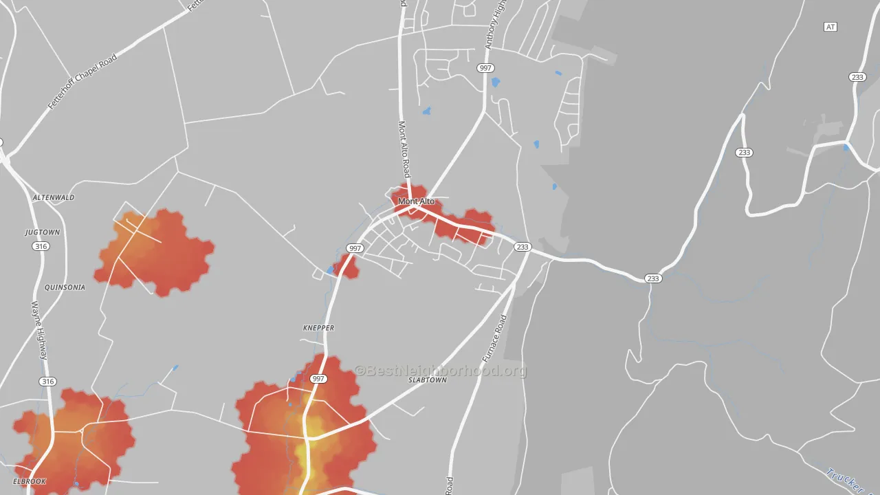 Walk Grade map of Mont Alto, PA, walkable areas in green and car-dependent areas in red