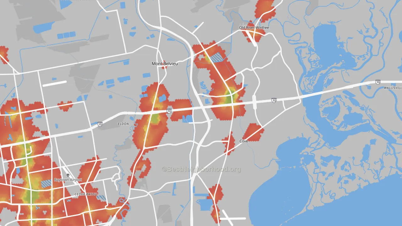 Walk Grade map of Mont Belvieu, TX, walkable areas in green and car-dependent areas in red