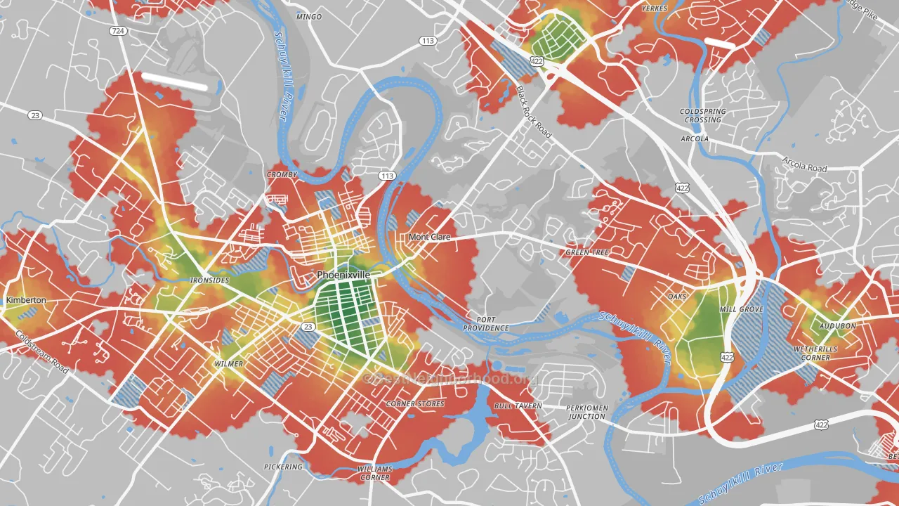 Walk Grade map of Mont Clare, PA, walkable areas in green and car-dependent areas in red