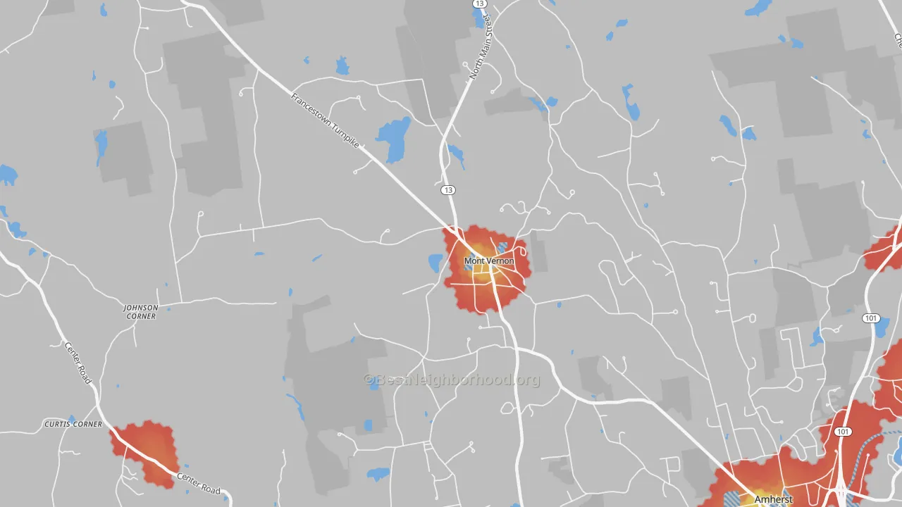 Walk Grade map of Mont Vernon, NH, walkable areas in green and car-dependent areas in red