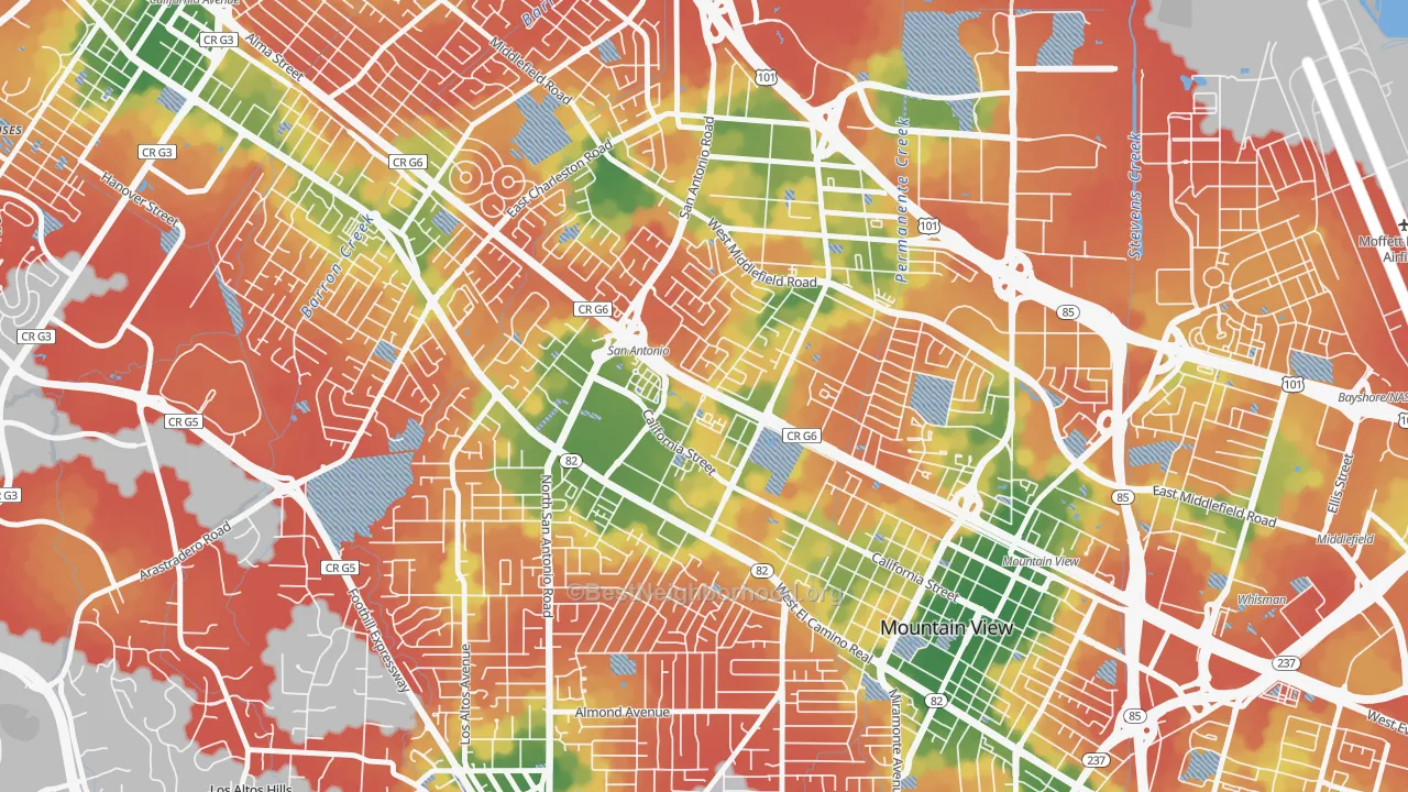 Walk Grade map of Monta Loma, Mountain View, CA, walkable areas in green and car-dependent areas in red