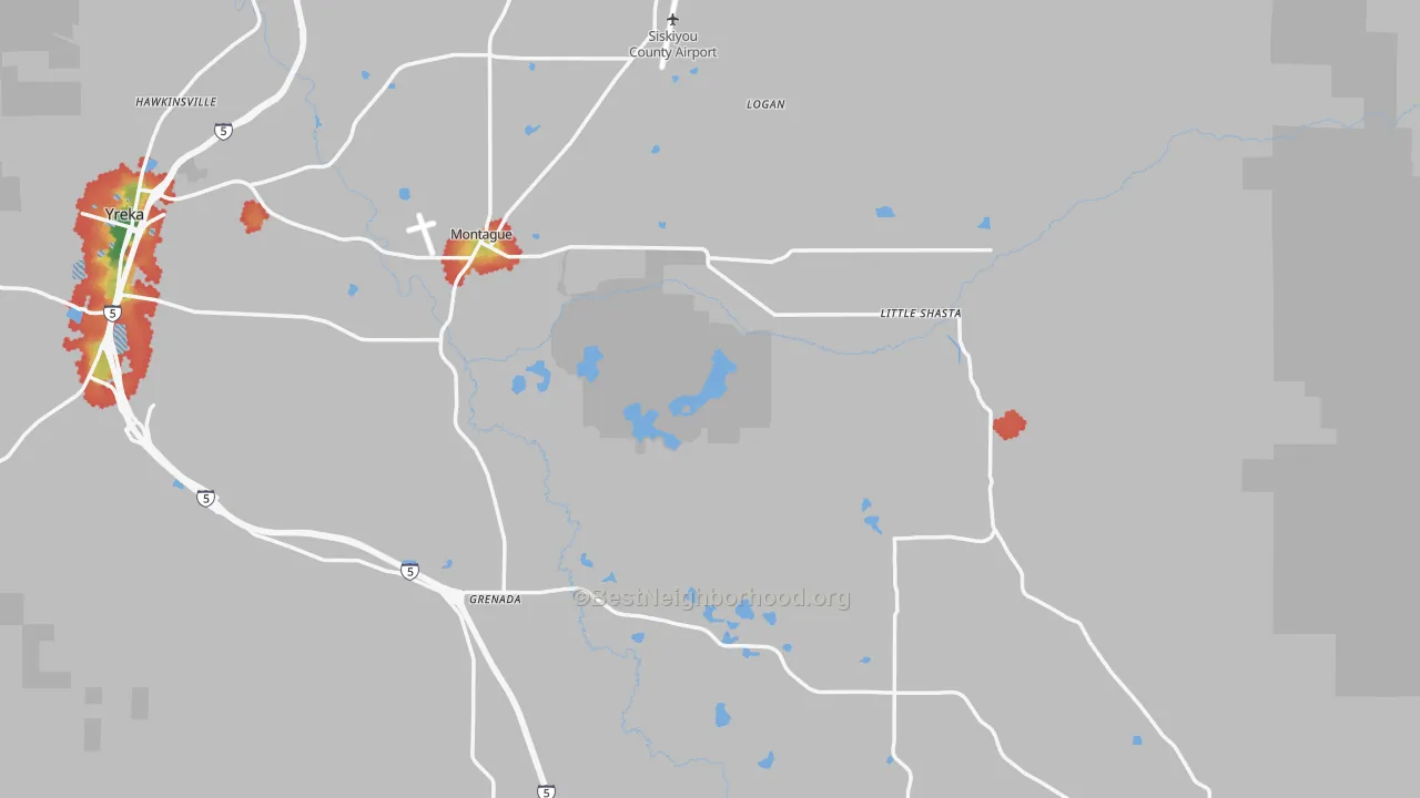 Walk Grade map of Montague, CA, walkable areas in green and car-dependent areas in red