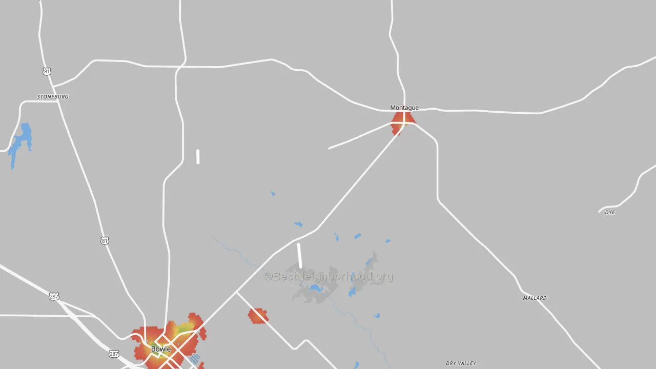 Walk Grade map of Montague County, TX, walkable areas in green and car-dependent areas in red