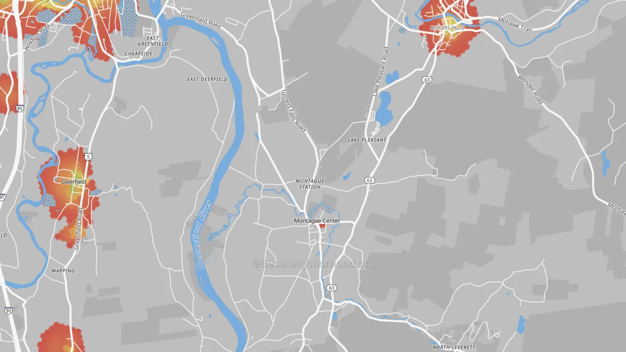 Walk Grade map of Montague, MA, walkable areas in green and car-dependent areas in red
