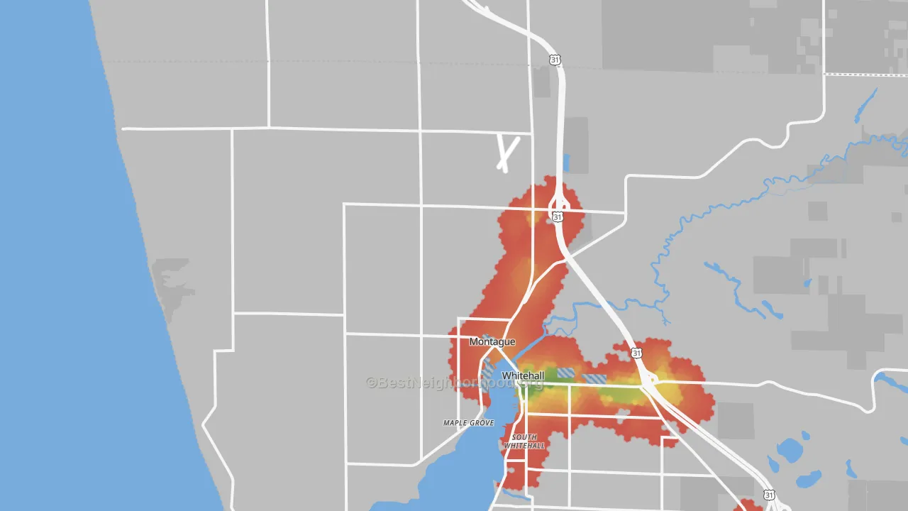 Walk Grade map of Montague, MI, walkable areas in green and car-dependent areas in red