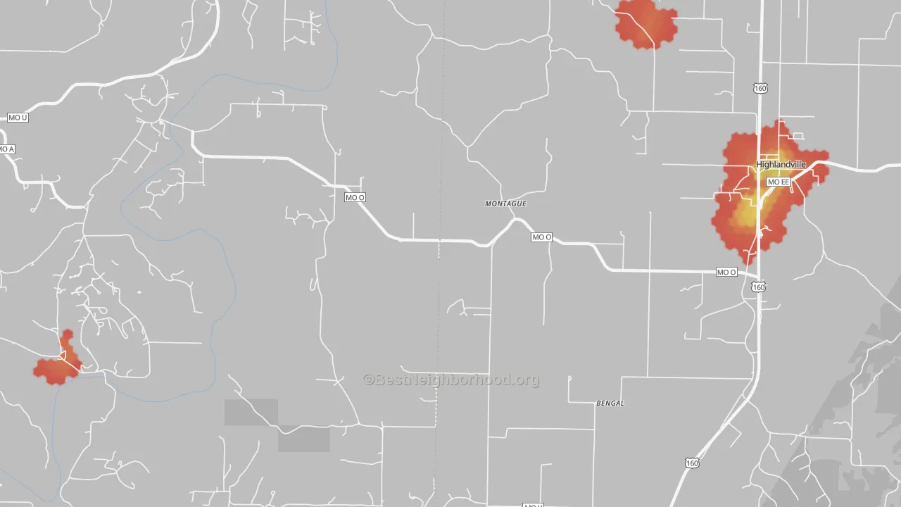 Walk Grade map of Montague, MO, walkable areas in green and car-dependent areas in red