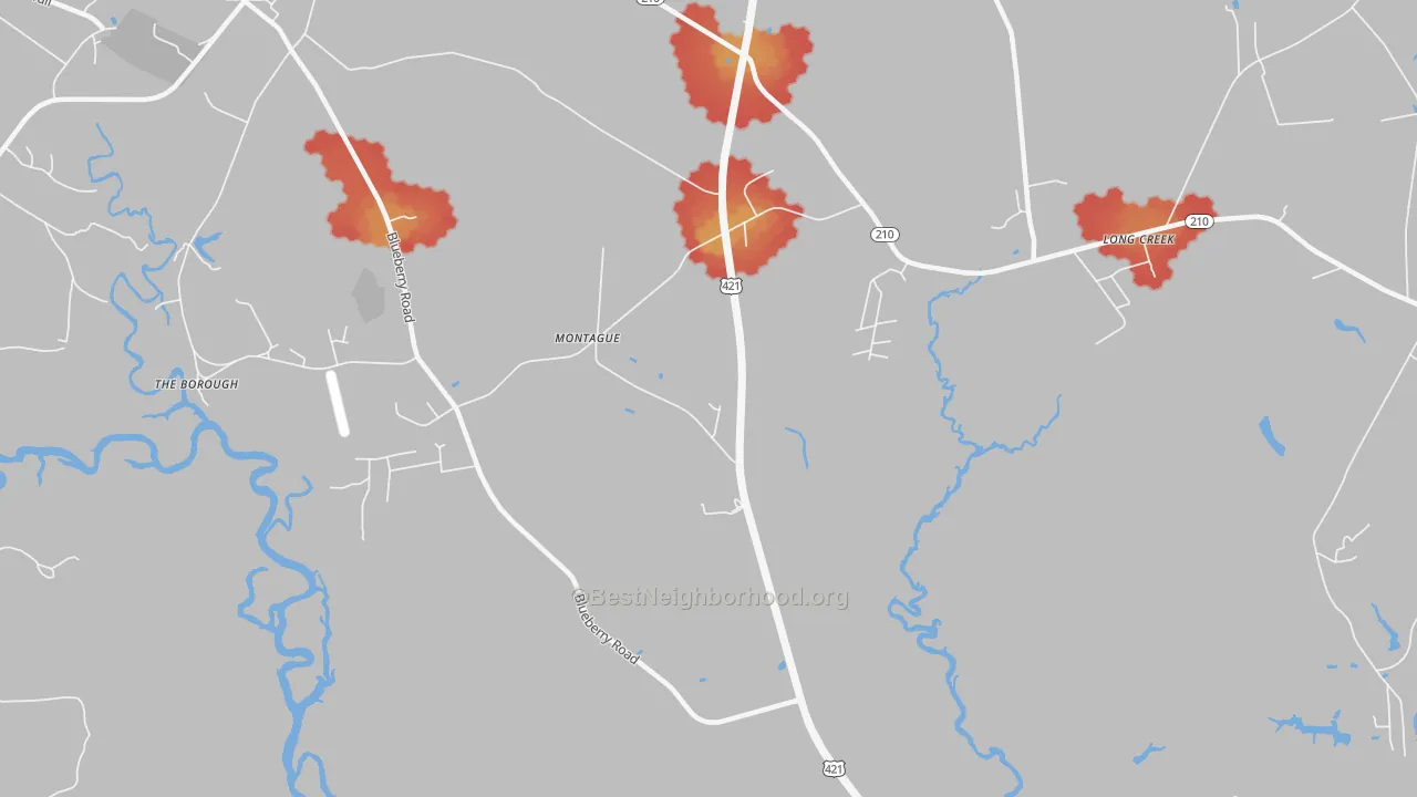 Walk Grade map of Montague, NC, walkable areas in green and car-dependent areas in red