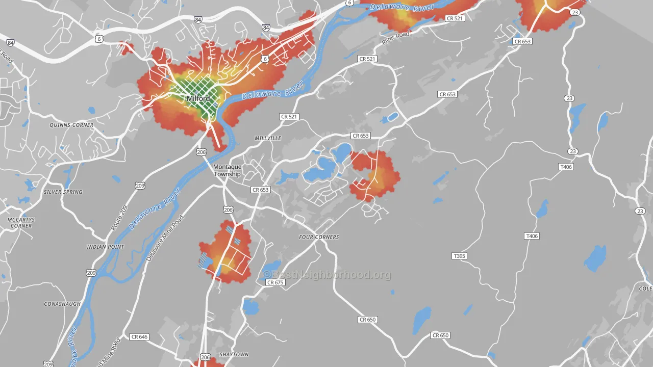 Walk Grade map of Montague, NJ, walkable areas in green and car-dependent areas in red
