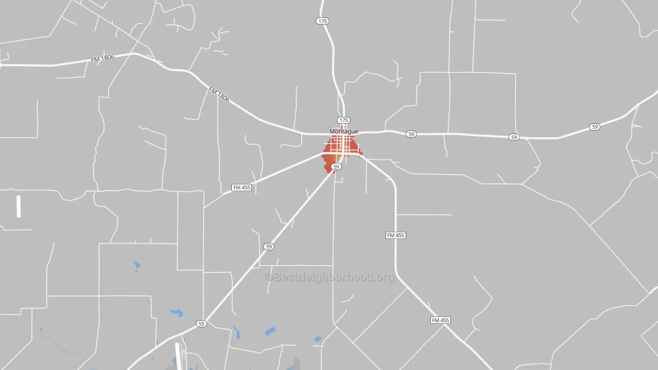 Walk Grade map of Montague, TX, walkable areas in green and car-dependent areas in red