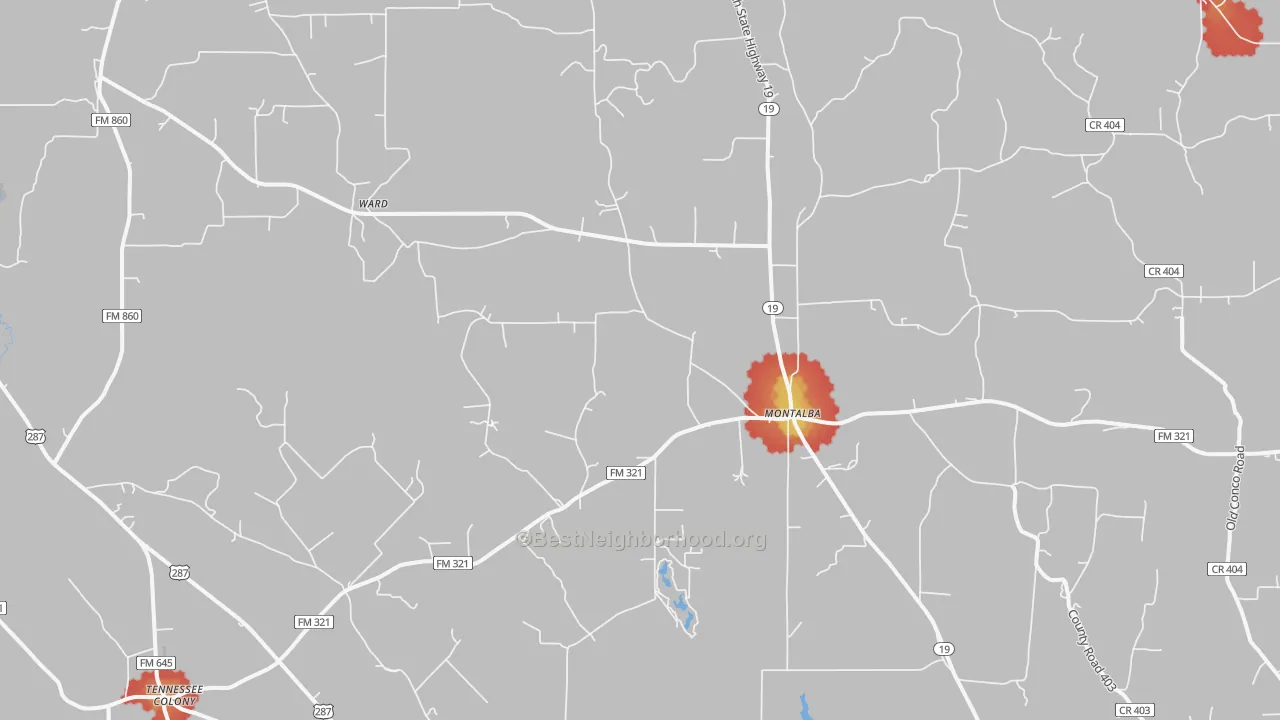 Walk Grade map of Montalba, TX, walkable areas in green and car-dependent areas in red