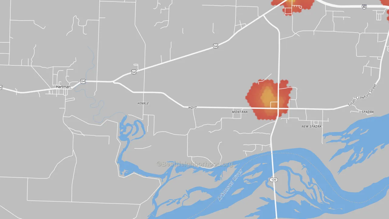 Walk Grade map of Montana, AR, walkable areas in green and car-dependent areas in red