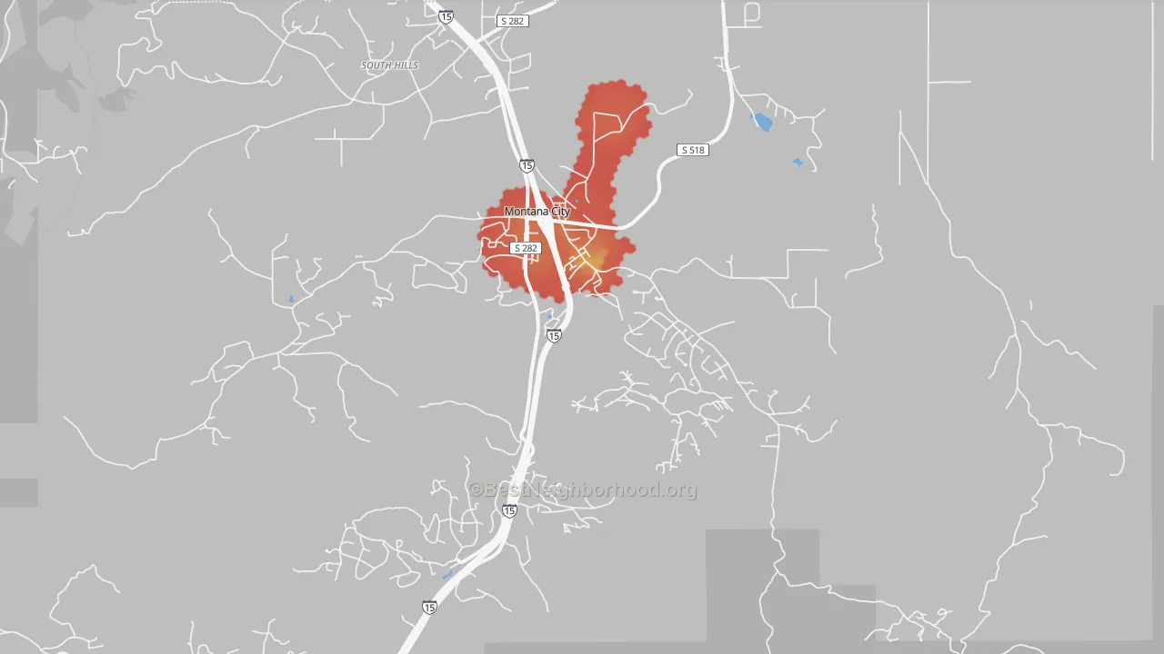 Walk Grade map of Montana City, MT, walkable areas in green and car-dependent areas in red