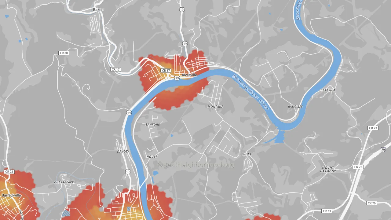 Walk Grade map of Montana Mines, WV, walkable areas in green and car-dependent areas in red