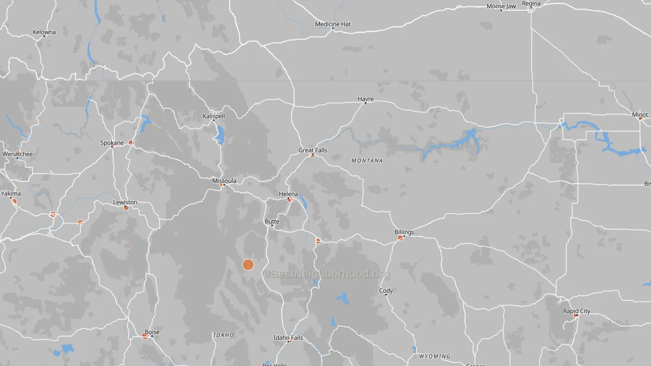 Walk Grade map of Montana, walkable areas in green and car-dependent areas in red