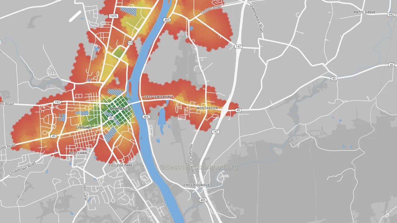 Walk Grade map of Montandon, PA, walkable areas in green and car-dependent areas in red