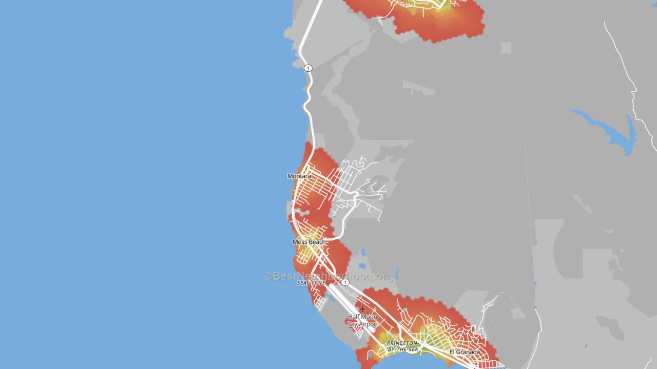 Walk Grade map of Montara, CA, walkable areas in green and car-dependent areas in red