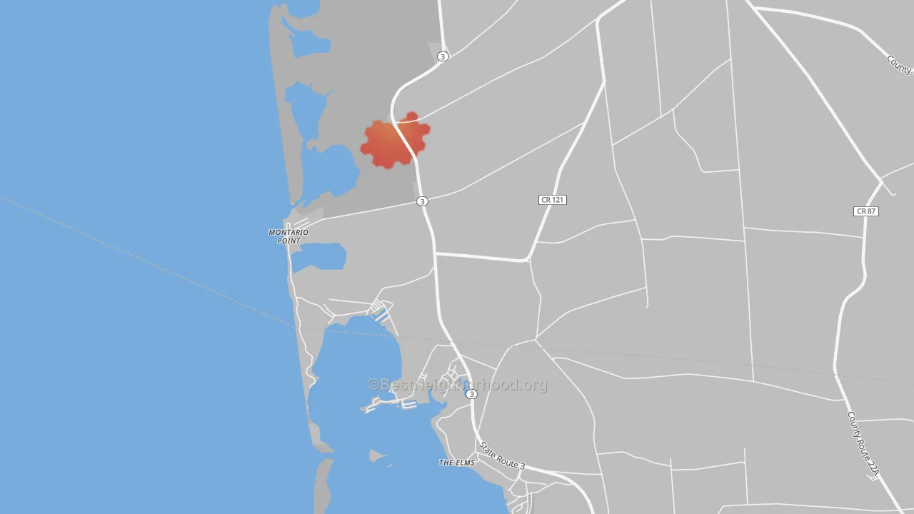 Walk Grade map of Montario Point, NY, walkable areas in green and car-dependent areas in red
