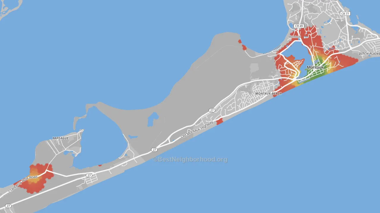 Walk Grade map of Montauk Beach, NY, walkable areas in green and car-dependent areas in red