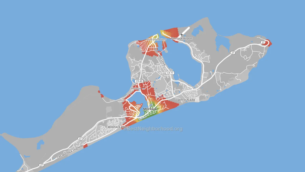 Walk Grade map of Montauk, NY, walkable areas in green and car-dependent areas in red