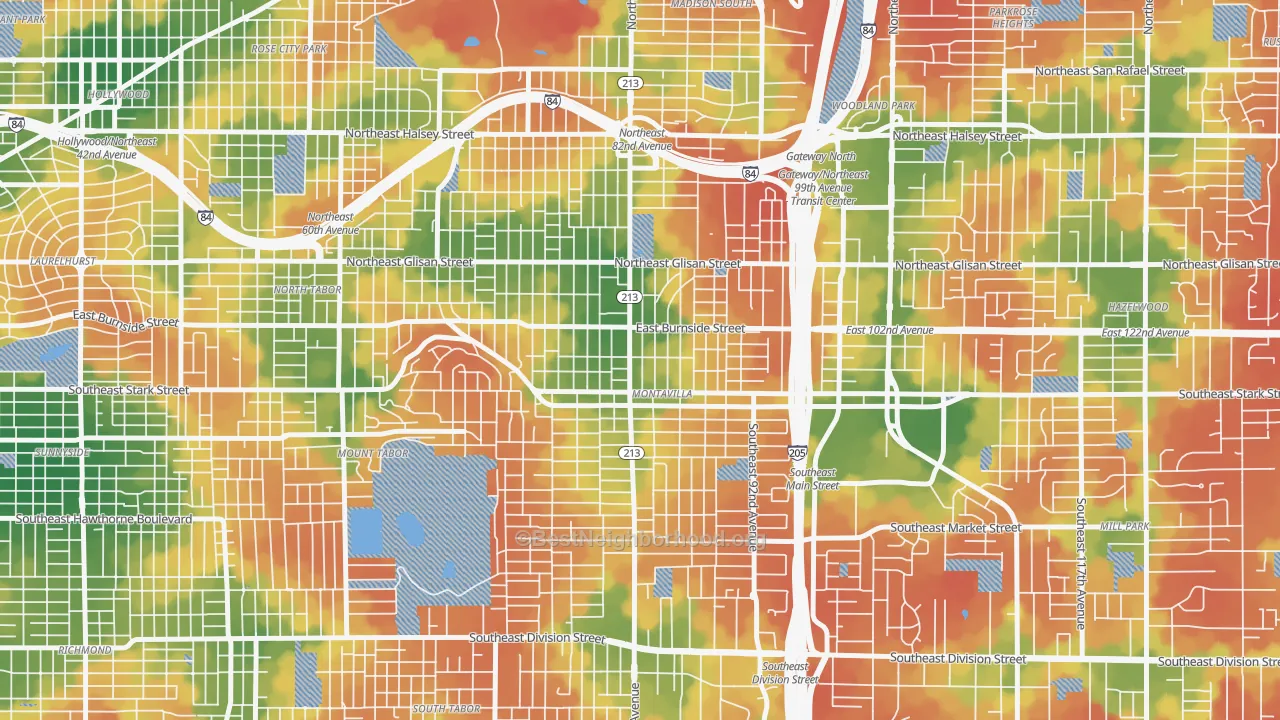 Walk Grade map of Montavilla, Portland, OR, walkable areas in green and car-dependent areas in red