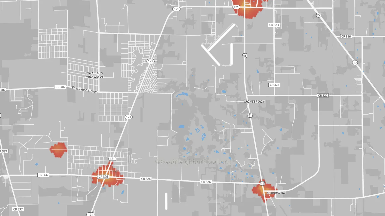 Walk Grade map of Montbrook, FL, walkable areas in green and car-dependent areas in red