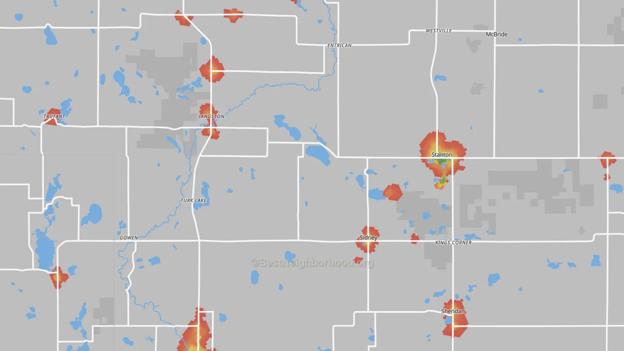 Walk Grade map of Montcalm County, MI, walkable areas in green and car-dependent areas in red
