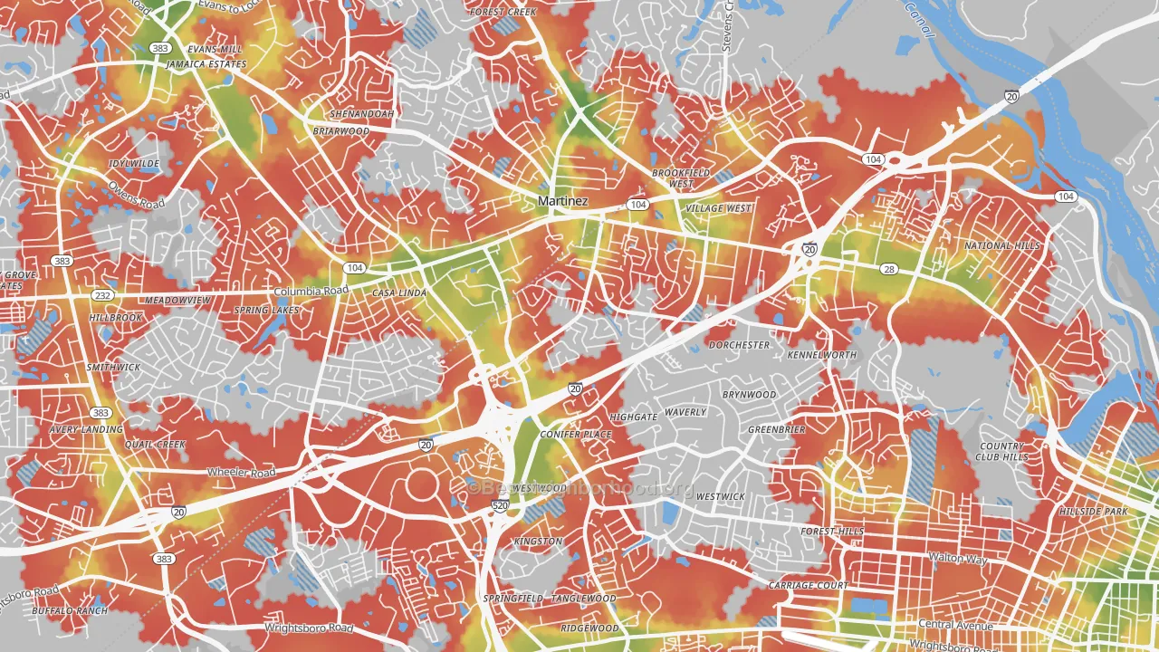 Walk Grade map of Montclair, Augusta, GA, walkable areas in green and car-dependent areas in red