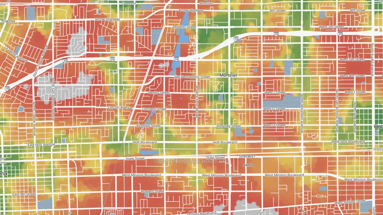 Walk Grade map of Montclair, CA, walkable areas in green and car-dependent areas in red
